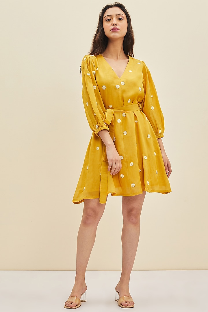 Daffodil Yellow Hand Embroidered A-Line Dress by Meadow