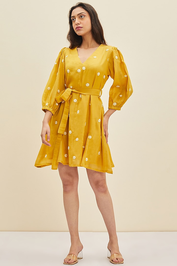 Daffodil Yellow Hand Embroidered A-Line Summer Dress by Meadow at Pernia's Pop Up Shop