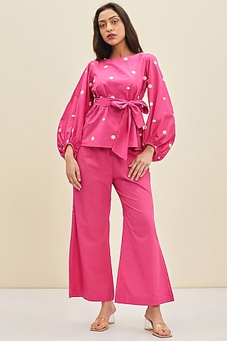 Fuchsia Cotton Poplin Flared Pant Set by Meadow