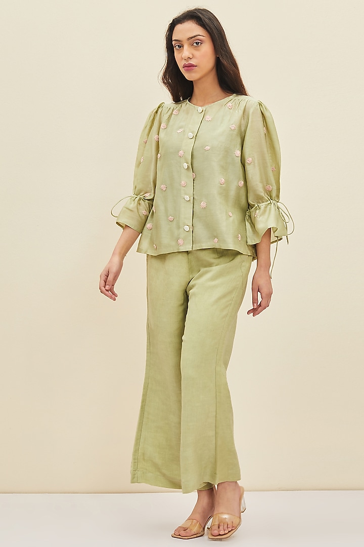 Aloe Green Hand Embroidered Blouse by Meadow