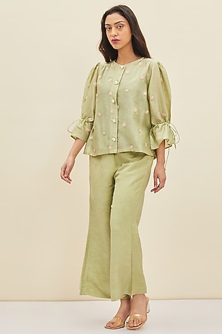 Aloe Green Hand Embroidered Blouse by Meadow