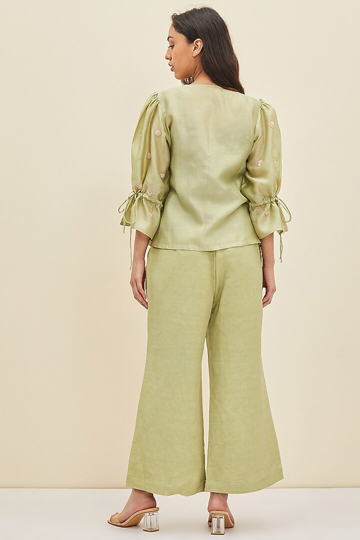 Aloe Green Linen Flared Pant Set by Meadow at Pernia's Pop Up Shop