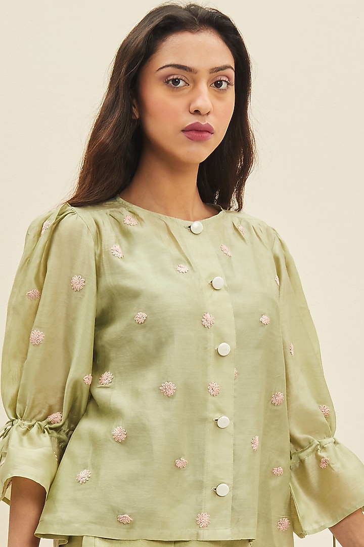 Aloe Green Linen Flared Pant Set by Meadow at Pernia's Pop Up Shop