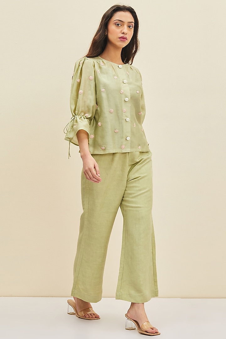 Aloe Green Linen Flared Pant Set by Meadow at Pernia's Pop Up Shop