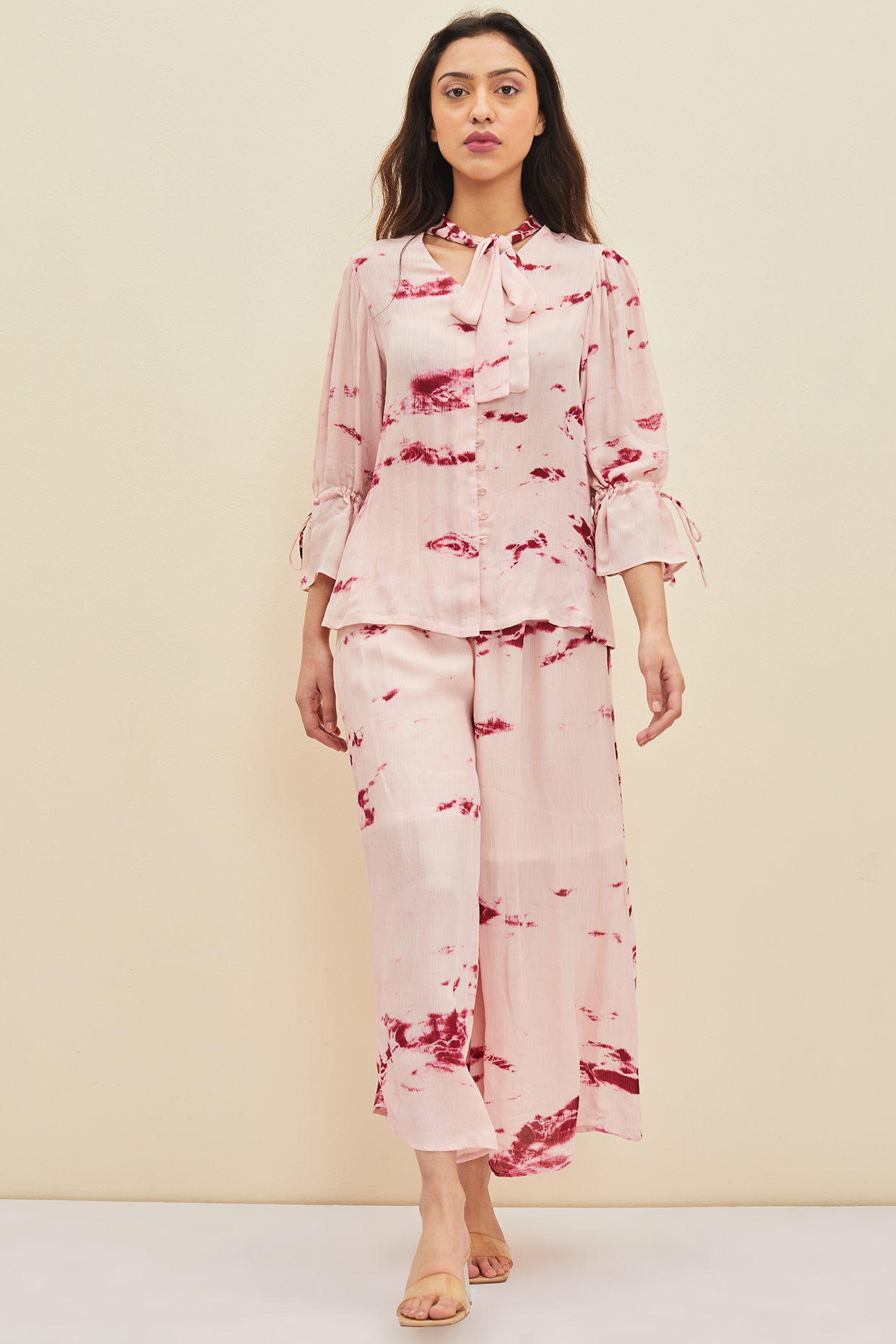 Blush Pink Tie-Dyed Flared Pant Set by Meadow