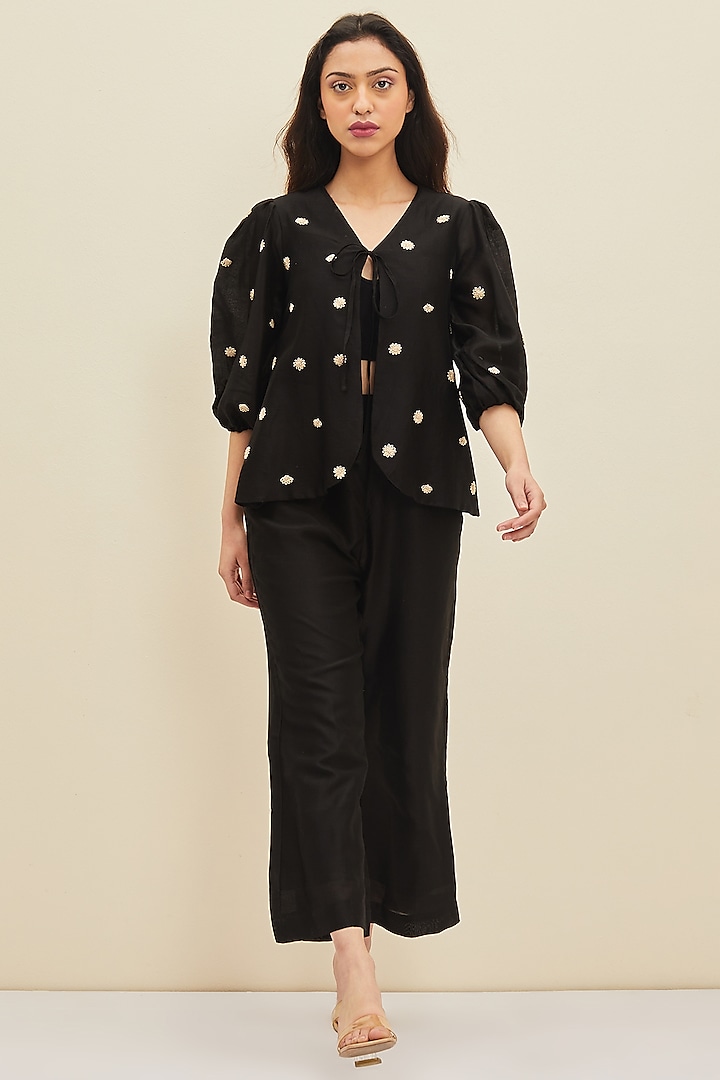 Black Hand Embroidered Tie-Up Blouse by Meadow