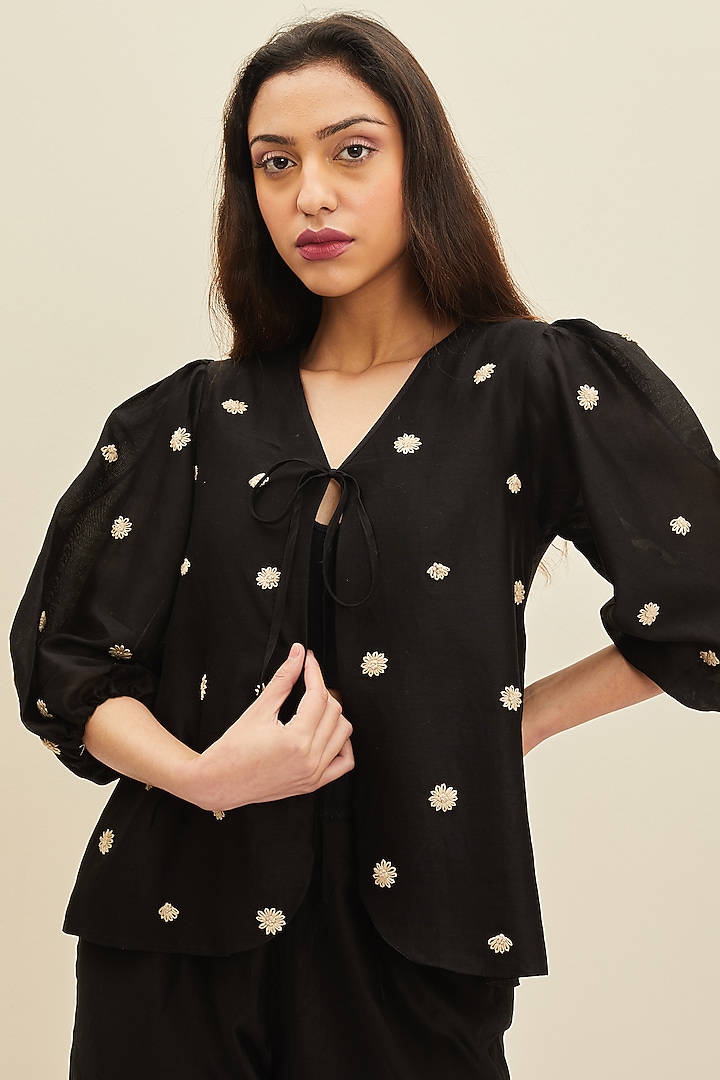 Black Hand Embroidered Tie-Up Blouse by Meadow at Pernia's Pop Up Shop