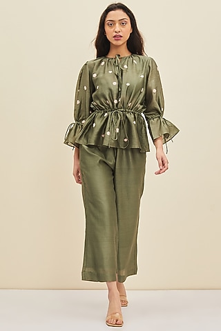 Forest Green Hand Embroidered Blouse by Meadow