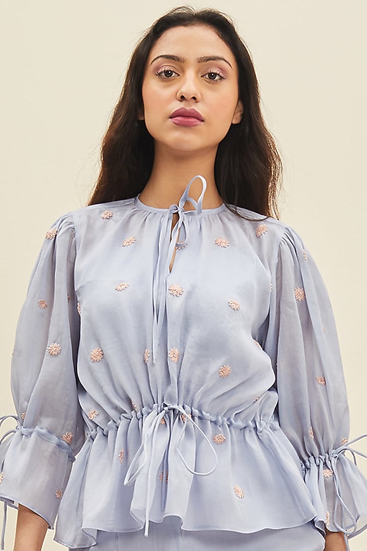 Light Blue Hand Embroidered Blouse by Meadow at Pernia's Pop Up Shop
