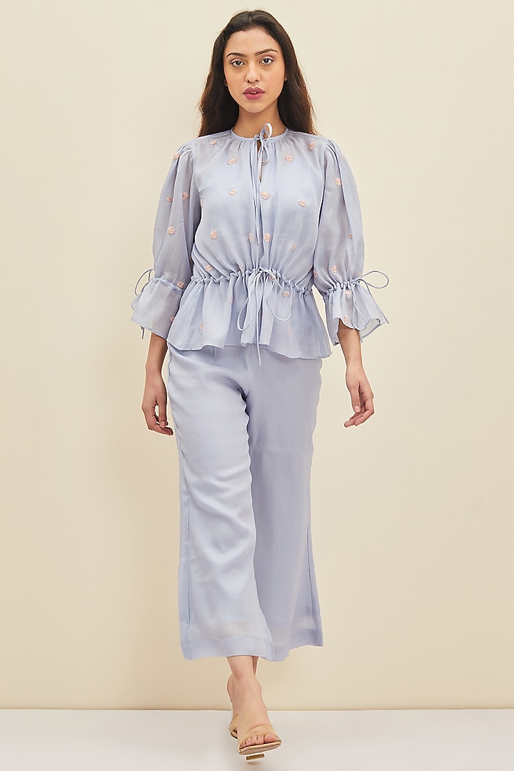 Light Blue Silk Cotton Organza Flared Pants by Meadow