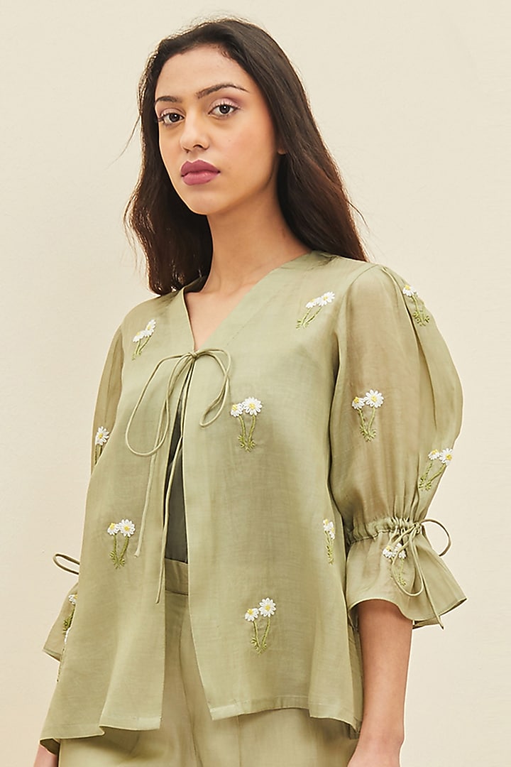 Olive Green Hand Embroidered Blouse by Meadow at Pernia's Pop Up Shop