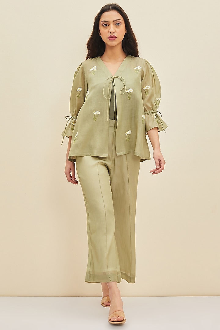 Olive Green Silk Cotton Organza Flared Pants by Meadow