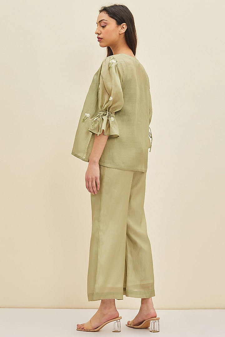 Olive Green Silk Cotton Organza Flared Pants by Meadow at Pernia's Pop Up Shop