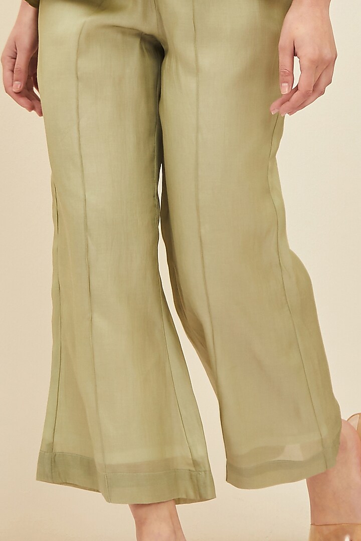 Olive Green Silk Cotton Organza Flared Pants by Meadow at Pernia's Pop Up Shop