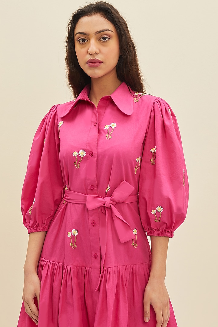 Fuchsia Hand Embroidered Knee-Length Summer Dress by Meadow at Pernia's Pop Up Shop