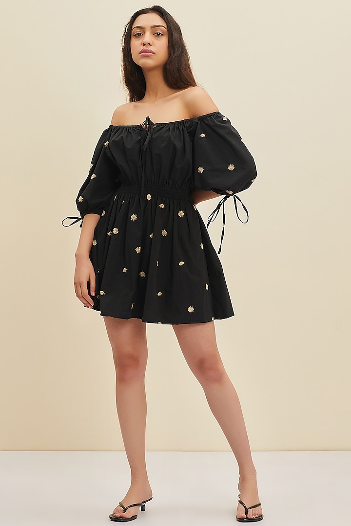 Black Hand Embroidered Mini Dress by Meadow