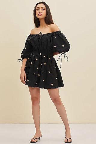 Black Hand Embroidered Mini Dress by Meadow