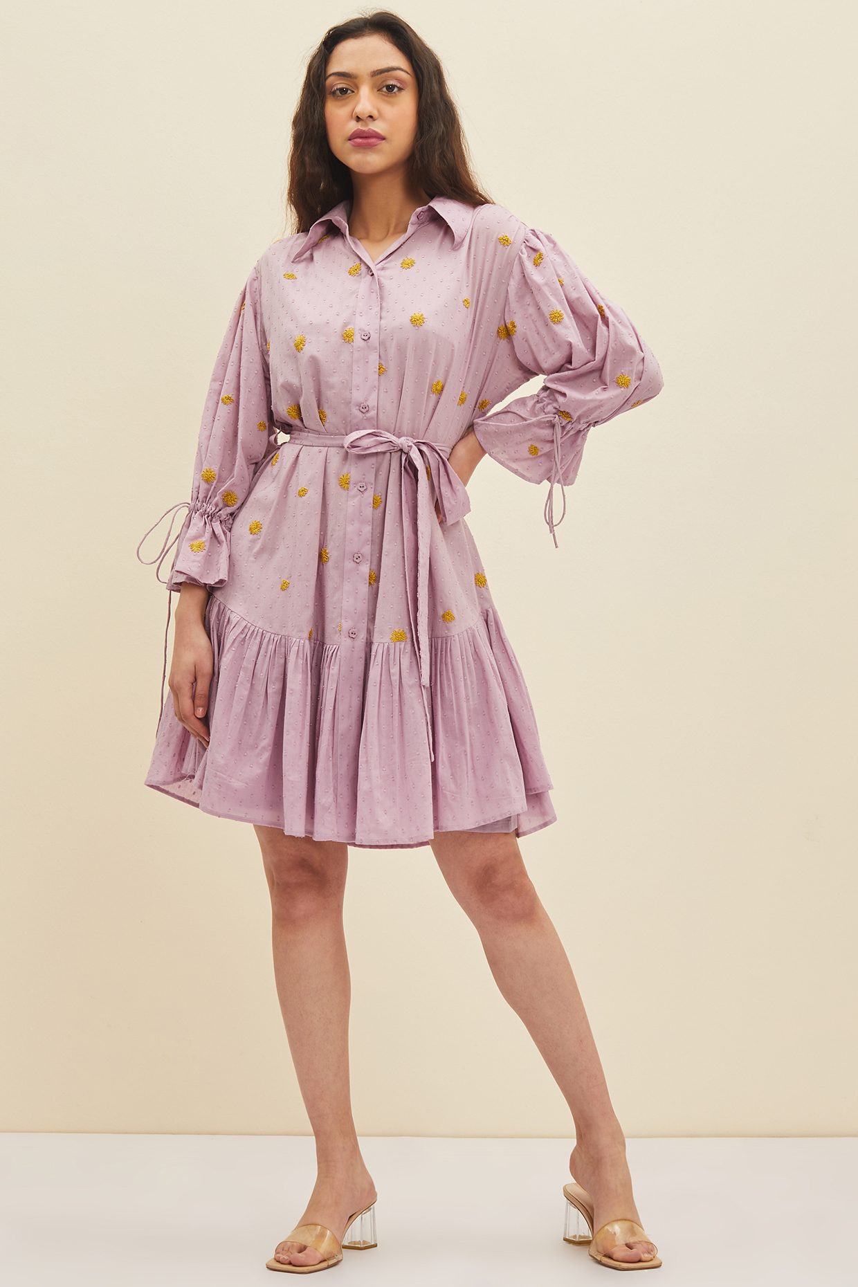 Lilac Hand Embroidered Knee-Length Dress by Meadow at