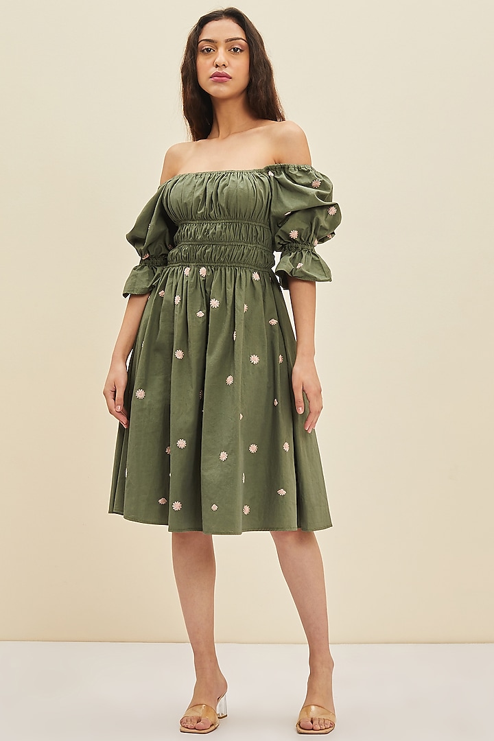 Sage Green Hand Embroidered Midi Dress by Meadow