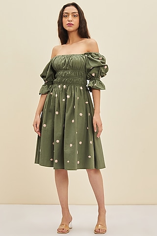 Sage Green Hand Embroidered Midi Dress by Meadow