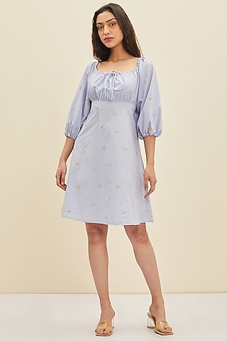 Light Blue Hand Embroidered A-Line Dress by Meadow
