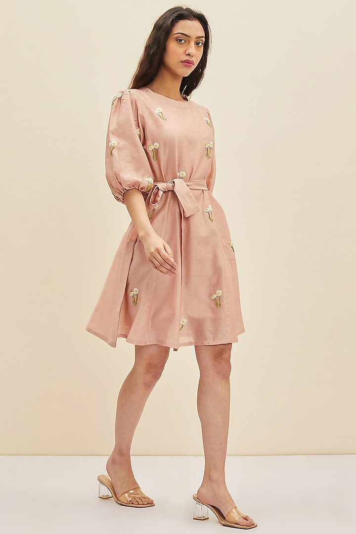 Dusky Pink Hand Embroidered A-Line Dress by Meadow