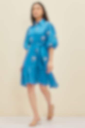 Mosaic Blue Hand Embroidered Knee-Length Dress by Meadow