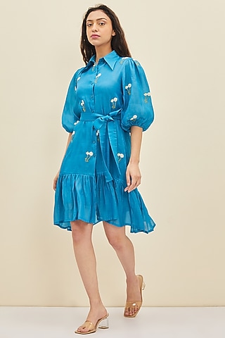 Mosaic Blue Hand Embroidered Knee-Length Dress by Meadow