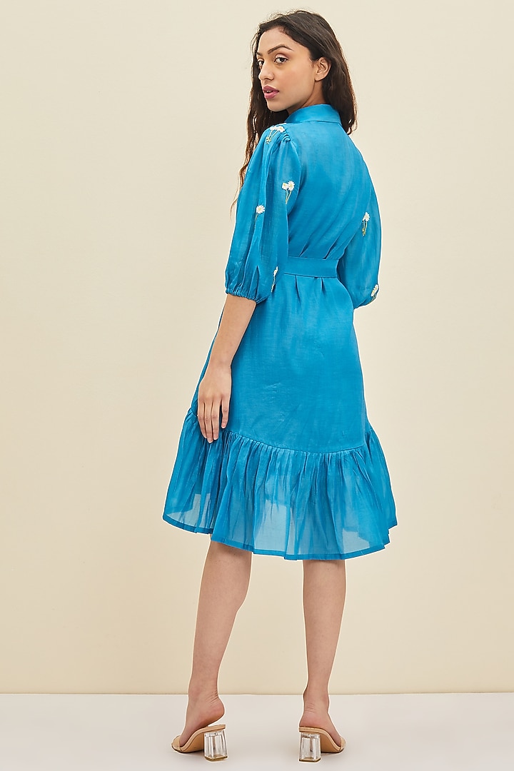Mosaic Blue Hand Embroidered Knee-Length Summer Dress by Meadow at Pernia's Pop Up Shop