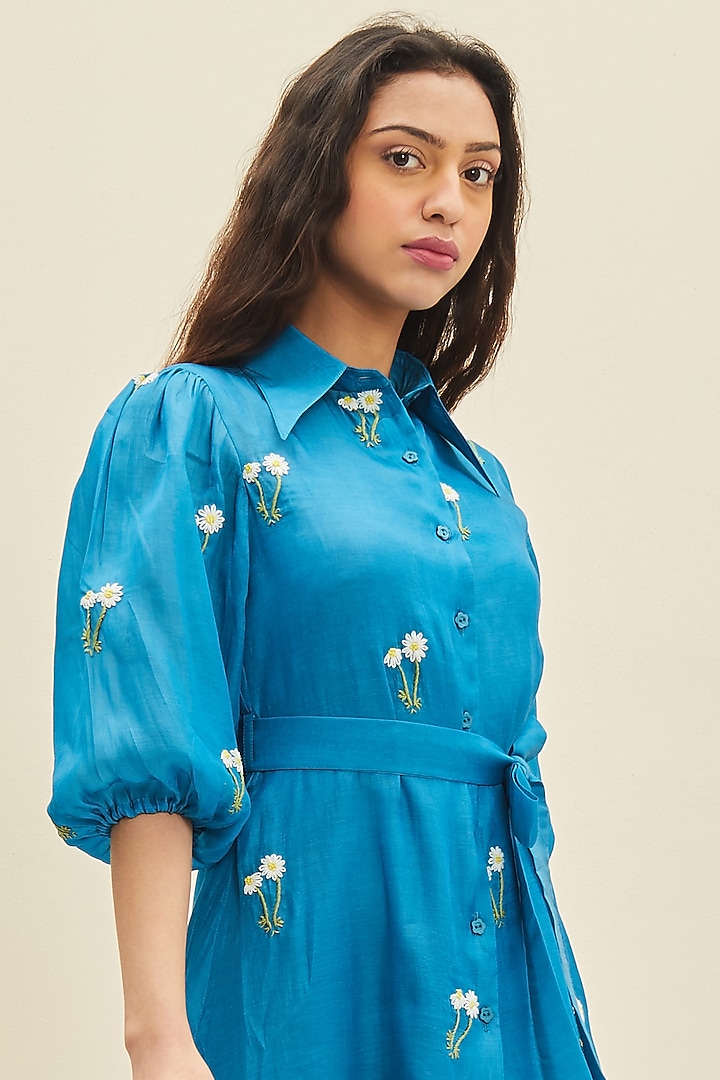 Mosaic Blue Hand Embroidered Knee-Length Summer Dress by Meadow at Pernia's Pop Up Shop