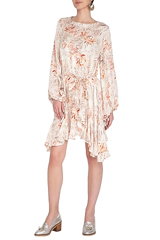 Ivory Printed Dress With Waist Belt by Meadow