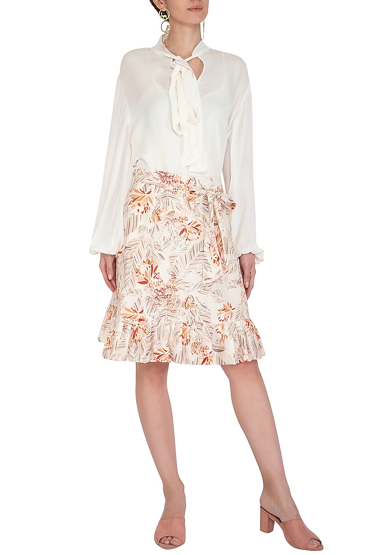 Ivory Printed Skirt With Waist Belt by Meadow at Pernia's Pop Up Shop