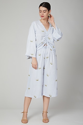 Sky Blue Embroidered & Printed Pants by Meadow