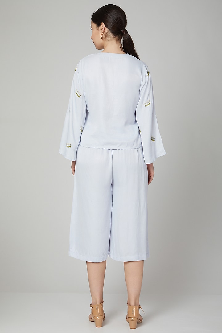 Sky Blue Embroidered & Printed Pants by Meadow at Pernia's Pop Up Shop