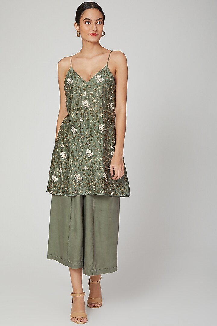 Mehendi Green Zardosi Embroidered Kurta With Pants by Meadow at Pernia's Pop Up Shop