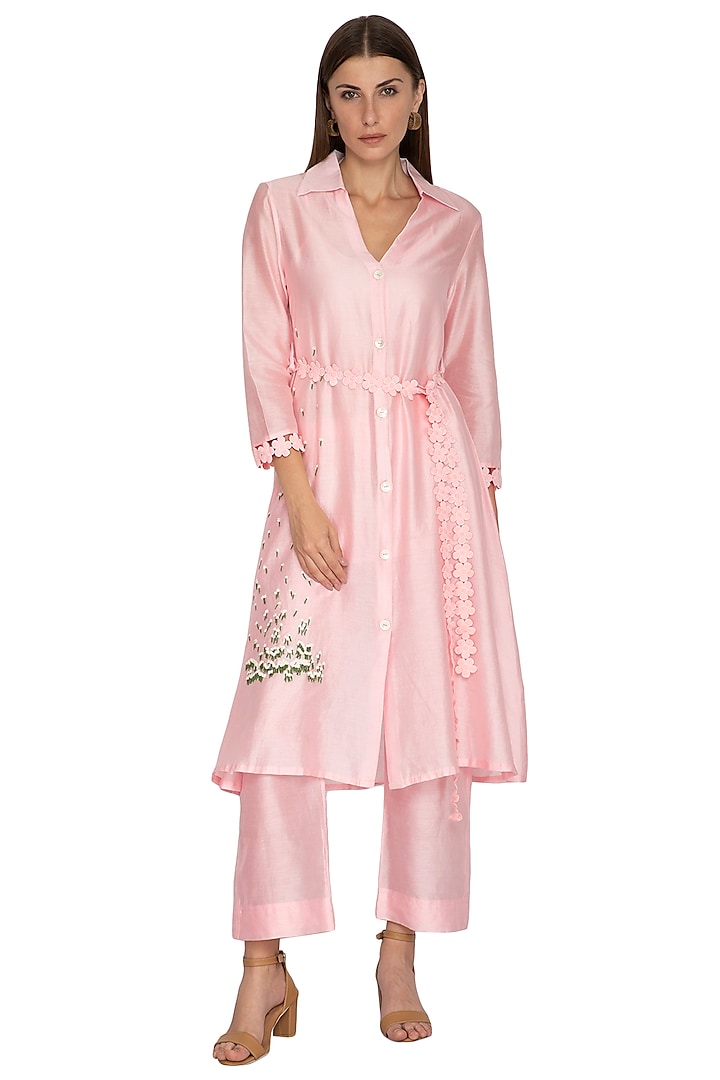 Blush Pink Embroidered Tunic With Pants, Inner & Belt by Meadow