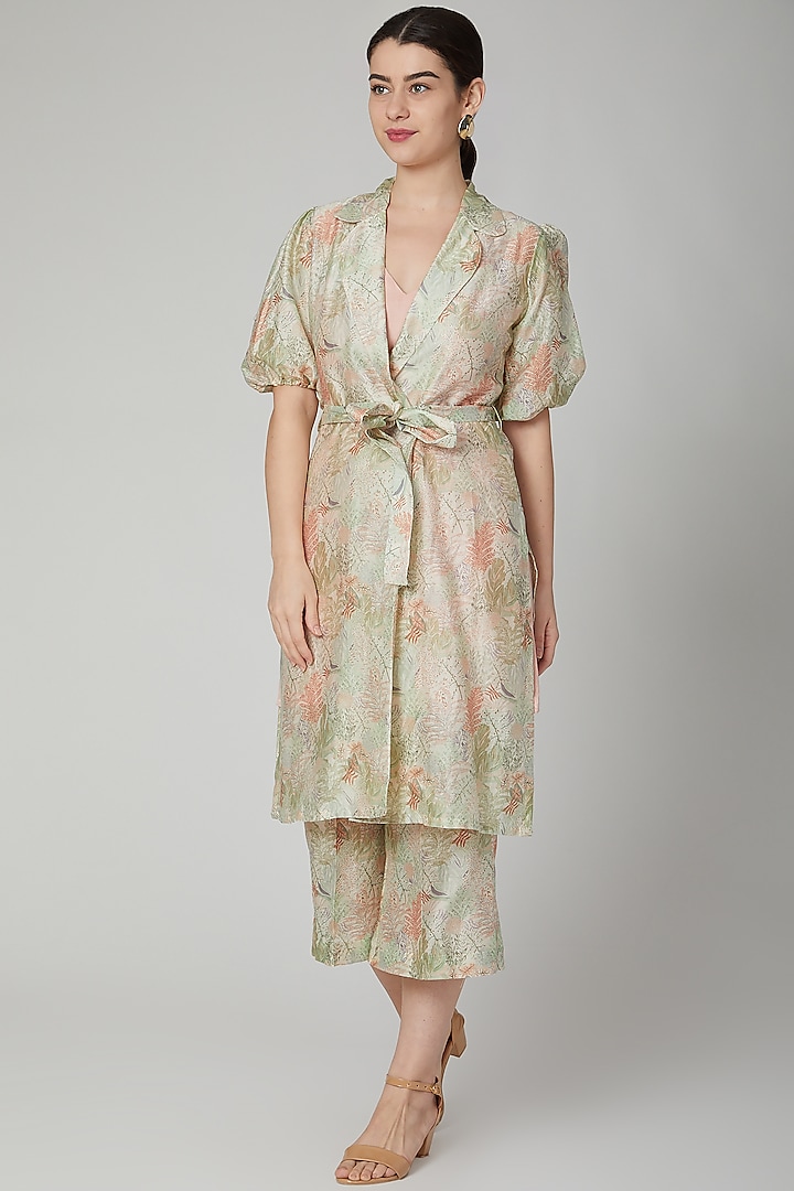 Mint Green Floral Printed Long Jacket by Meadow