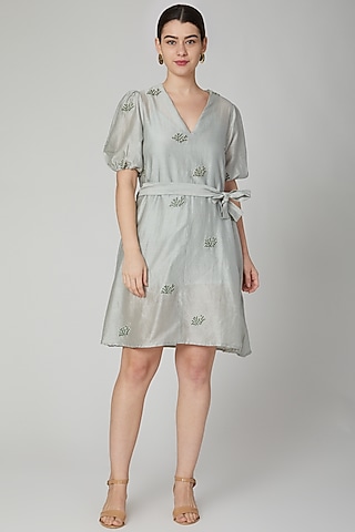 Sage Green Printed & Embroidered Dress by Meadow