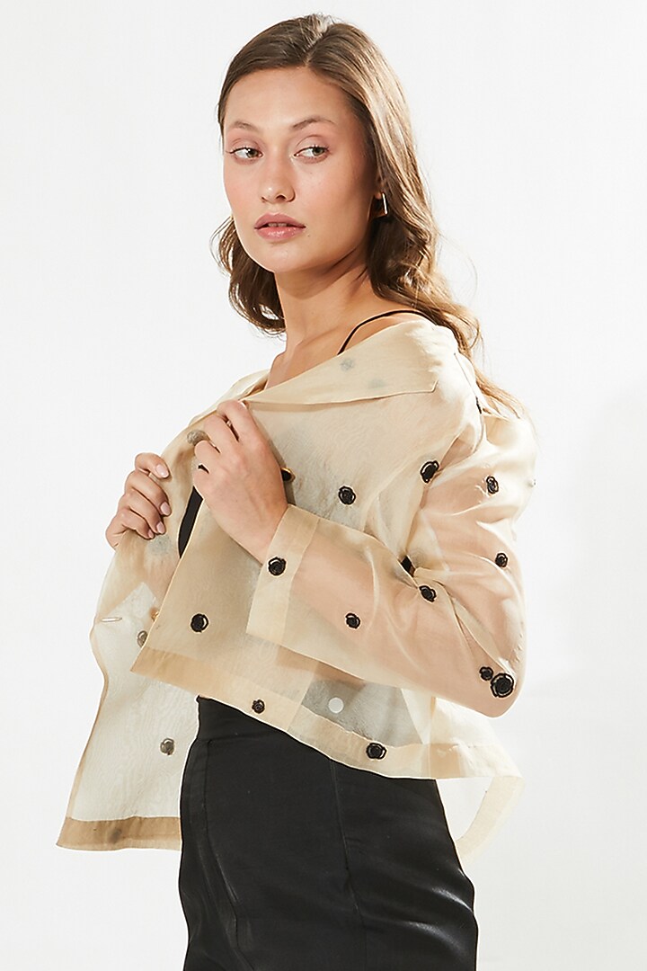 Beige Silk Embroidered Jacket Set by Meadow at Pernia's Pop Up Shop