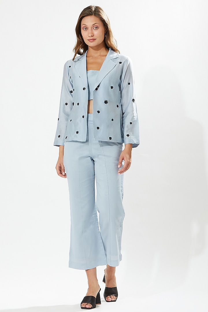 Pale Blue Silk Embroidered Blazer Set by Meadow at Pernia's Pop Up Shop