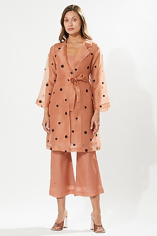 Coral Silk Organza Embroidered Tunic Set by Meadow