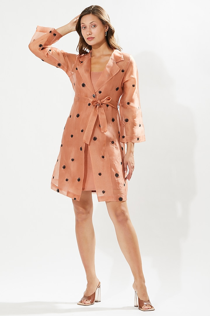 Coral Silk Organza Embroidered Coat Dress by Meadow at Pernia's Pop Up Shop