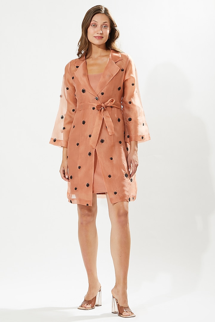 Coral Silk Organza Embroidered Jacket Dress by Meadow at Pernia's Pop Up Shop