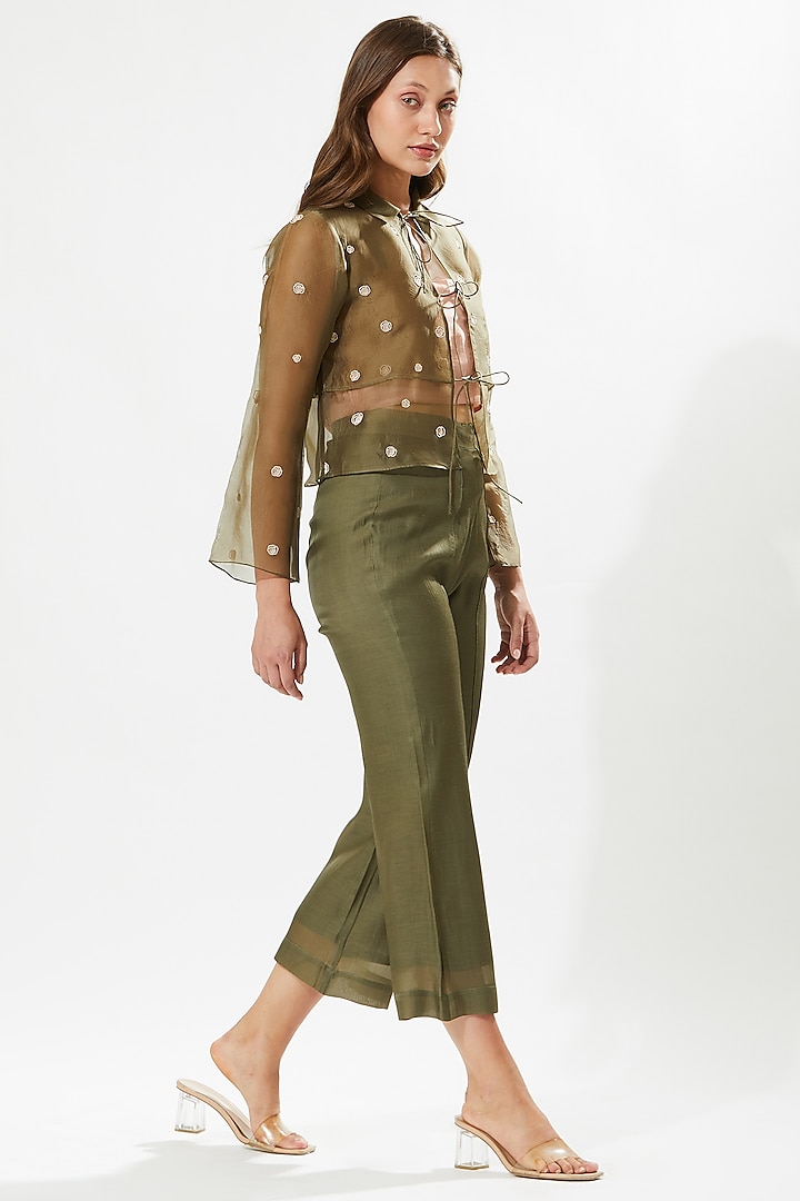 Green Silk Organza Hand Embroidered Jacket Set by Meadow at Pernia's Pop Up Shop