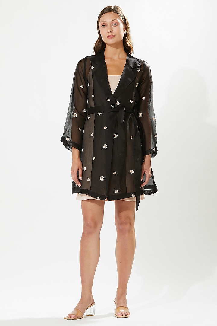 Black Silk Organza Hand Embroidered Jacket Dress by Meadow at Pernia's Pop Up Shop