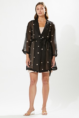 Black Silk Organza Hand Embroidered Jacket Dress by Meadow