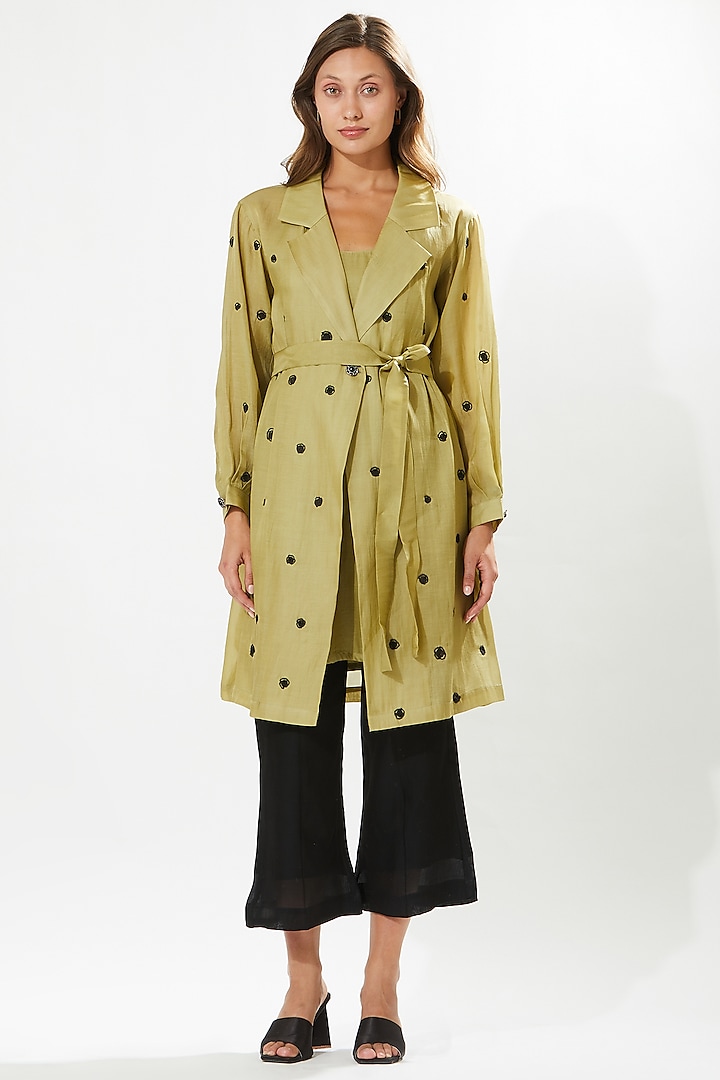 Olive Green Silk Cotton Organza Hand Embroidered Jacket Set by Meadow at Pernia's Pop Up Shop