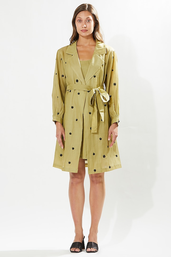 Olive Green Silk Cotton Organza Hand Embroidered Jacket by Meadow at Pernia's Pop Up Shop