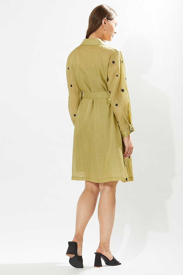 Olive Green Silk Cotton Organza Hand Embroidered Jacket by Meadow at Pernia's Pop Up Shop