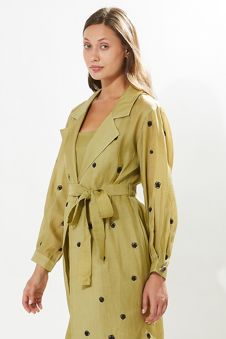 Olive Green Silk Cotton Organza Hand Embroidered Jacket by Meadow at Pernia's Pop Up Shop